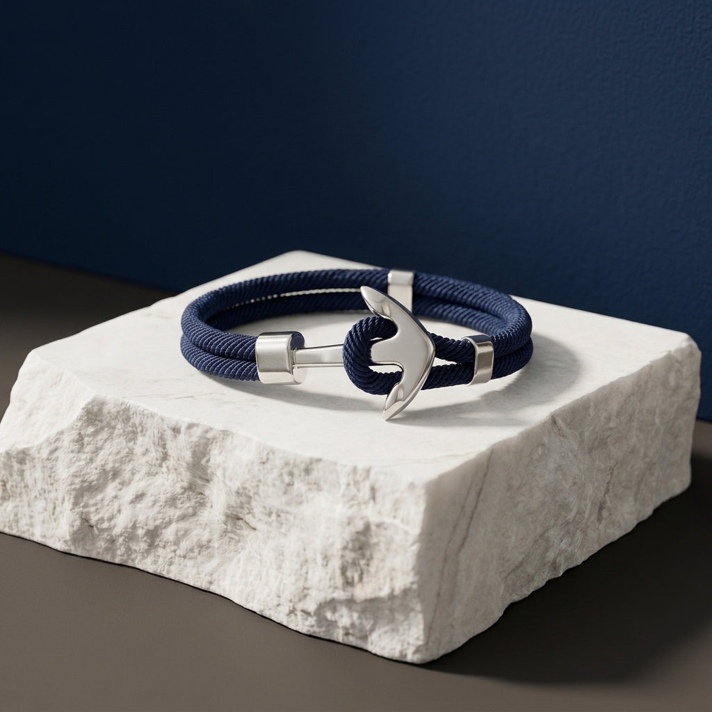 Navy double cord bracelet with polished silver anchor clasp