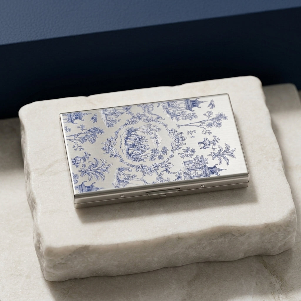 Slim metal card holder with blue porcelain-style pattern