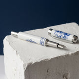 White fountain pen with blue porcelain-style motifs and silver trim
