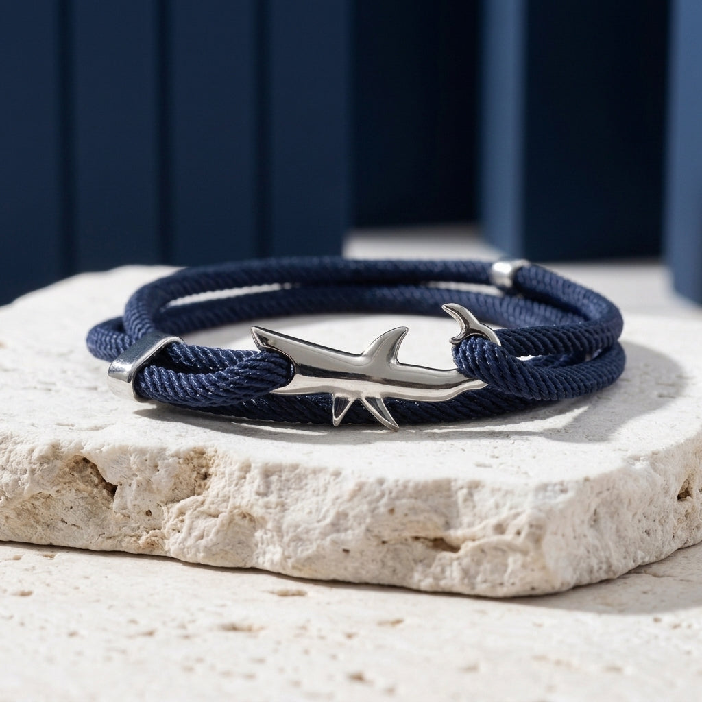 Navy wrapped cord bracelet with polished silver shark clasp