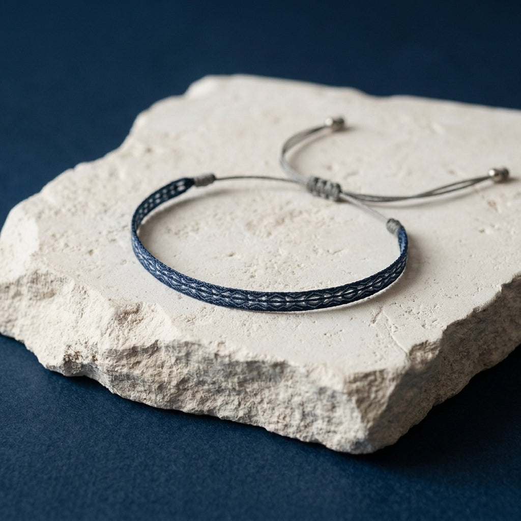 Thin navy woven bracelet with subtle pattern and adjustable cord